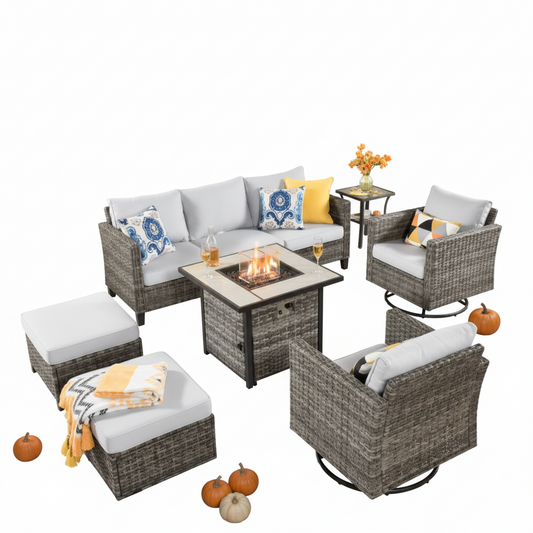 Lullaby 7 -Piece Rattan Patio Sofa Conversation Set with Gray Cushions