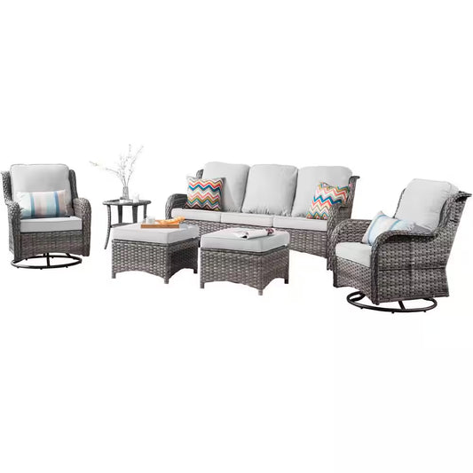 Moonlight Gray 6-Piece Wicker Patio Conversation Seating Sofa Set with Gray Cushions and Swivel Rocking Chairs